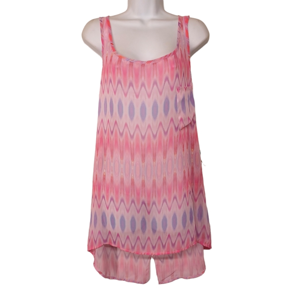 BETTINIS Pink Purple Geometric Print Semi Sheer Sleeveless Swim Cover-up Top NWT